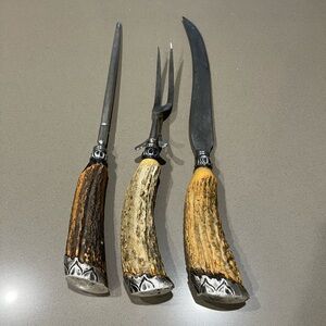 Antique Sterling Silver 3pc Antler Handle Carving Set